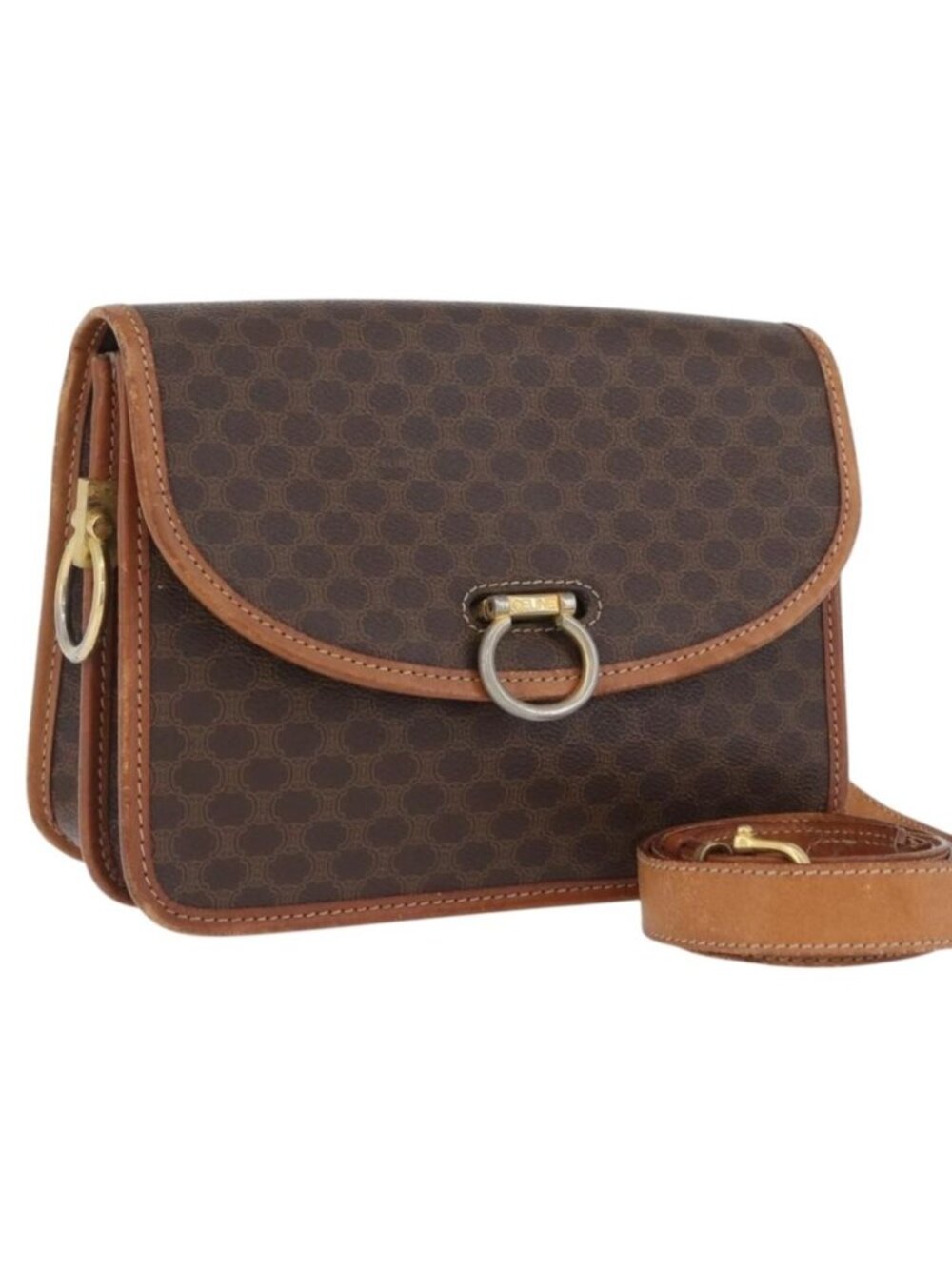 CELINE Macadam Canvas Shoulder Bag PVC Leather Brown Gold